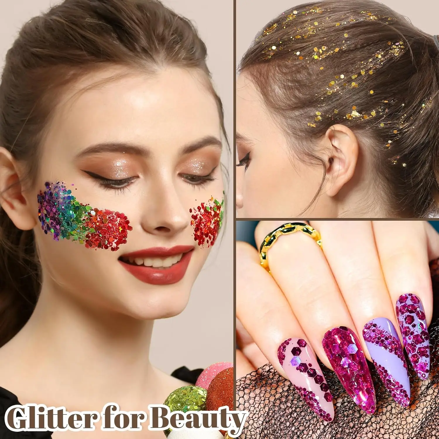 24 Bottle Mixed Size Hexagon Glitter Nail Sequins Holographic Chameleon Sparkly Chunky Nail Flakes DIY Nail/eye Shadow Accessory