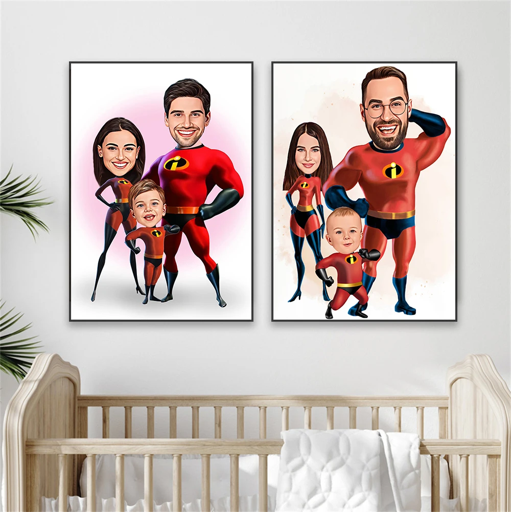 Personalized Superhero Family Cartoon Portrait Prints Custom Family Portrait Poster Canvas Painting Caricature from Photo Gift