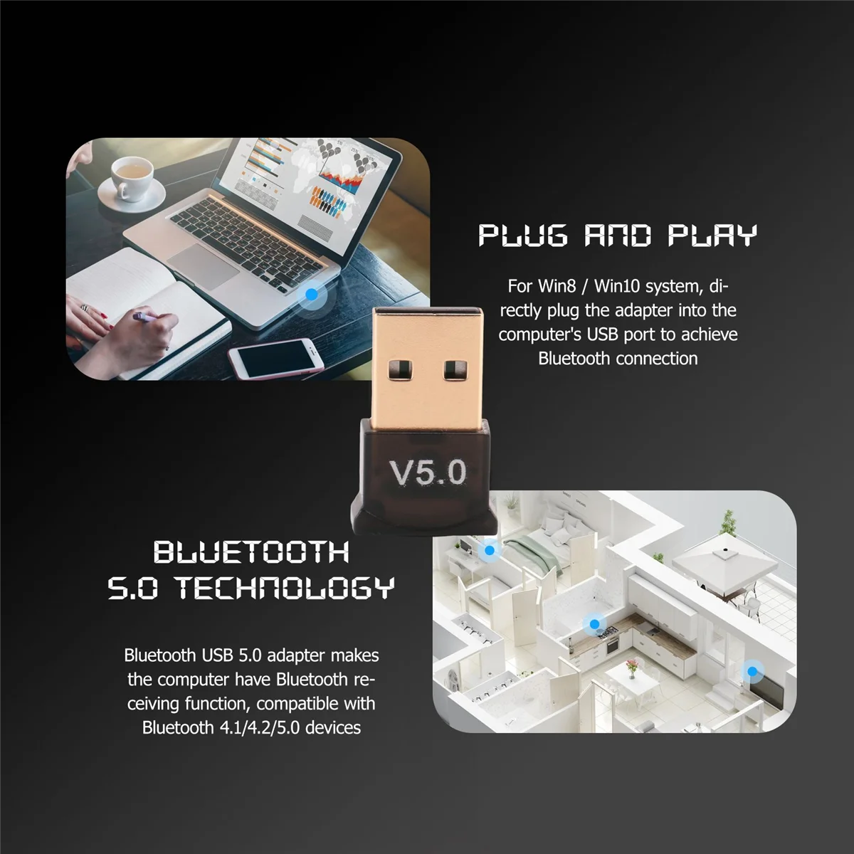 USB Bluetooth 5.0 Adapter dla PC Win10/8.1/8/7/wtyczka Bluetooth odbiornik/nadajnik dla wsparcia do podłączenia zestawu słuchawkowego