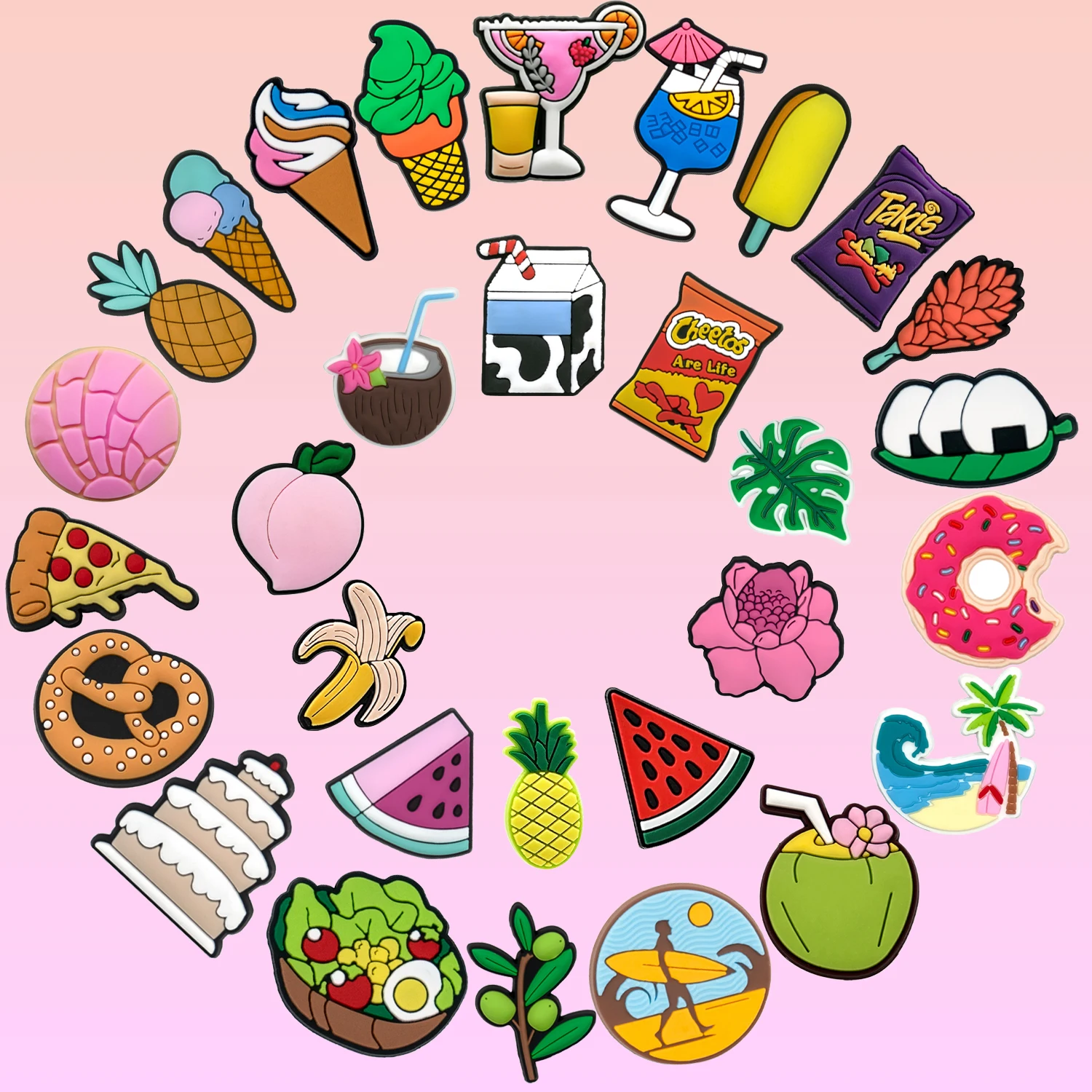 

1/25pcs Cute Food Shoe Charms Accessories Pizza Donuts Bread Milk Shoe Decoration for Sandals Banana Coconut Fits All Clogs