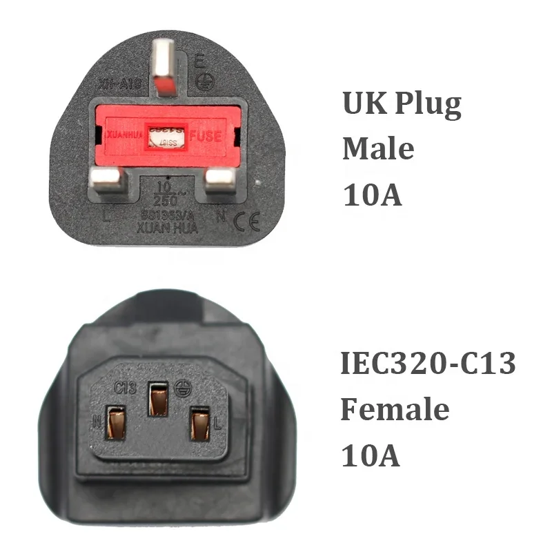 UK Plug to IEC C13  adapter Type G British 3 pin to female converter BS plug  conversion plug adapter with built-in fuse 10A