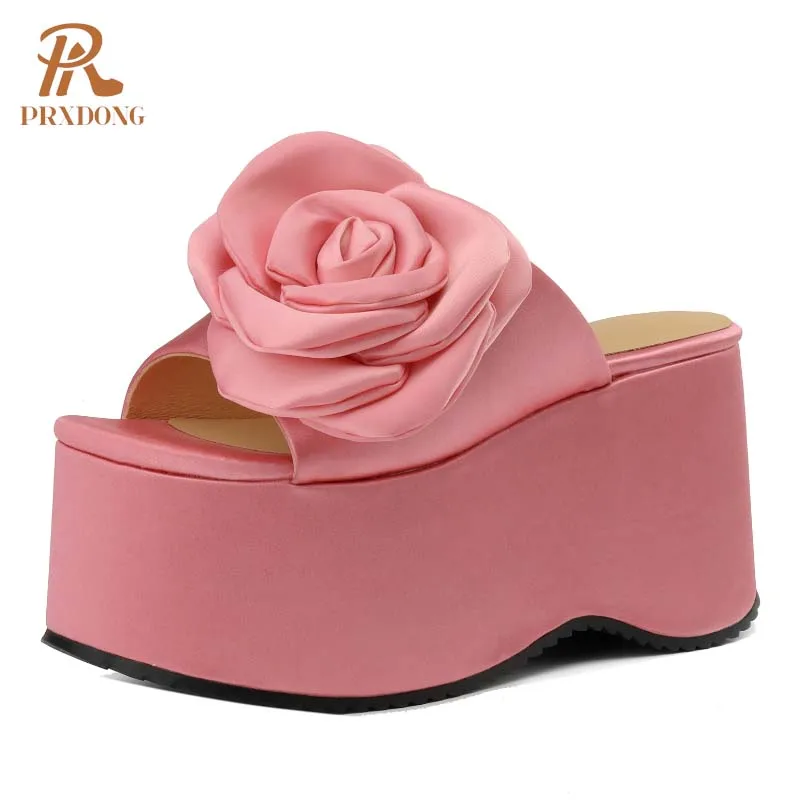 

PRXDONG Women's Shoes New Fashion Summer Wedges High Heels Thick Platform Flowers Black Pink Dress Casual Lady Sandals Slippers