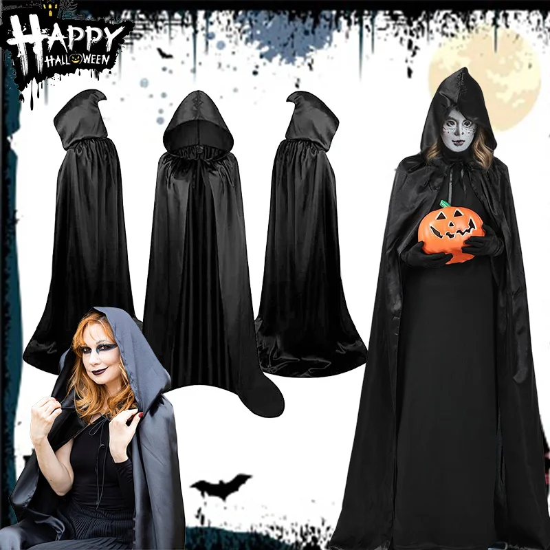 

Унисекс черный плащ ведьмы с капюшоном, аксессуар для косплея, маскарадный костюм для Хэллоуина, семейный праздничный декор, плащ ведьмы