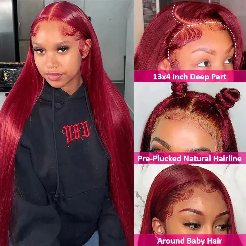 

99J Бордовый парик из натуральных волос на кружеве, прямой красный, 13x4, парики из натуральных волос на кружеве, 99J, цветной, 250% парик из человеческих волос, 100%