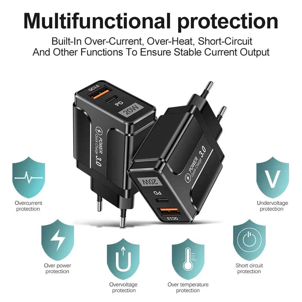 PD 20W USB Type C Charger Fast Charging QC3.0 Portable Charger 2 In 1 Power Adapter Dual Ports Quick Charging Wall USB Charger