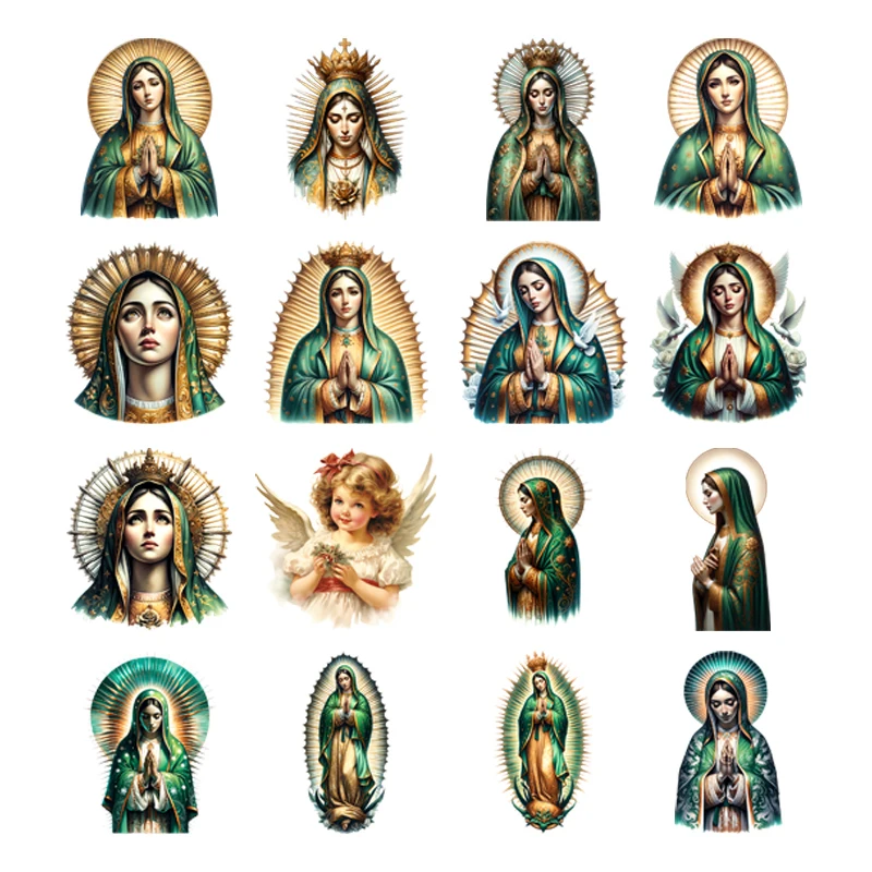 

Christian Mary green Heat Transfer Sticker On Clothes Washable Iron-On Transfer Patches Lady Of Guadalupe Party Decoration