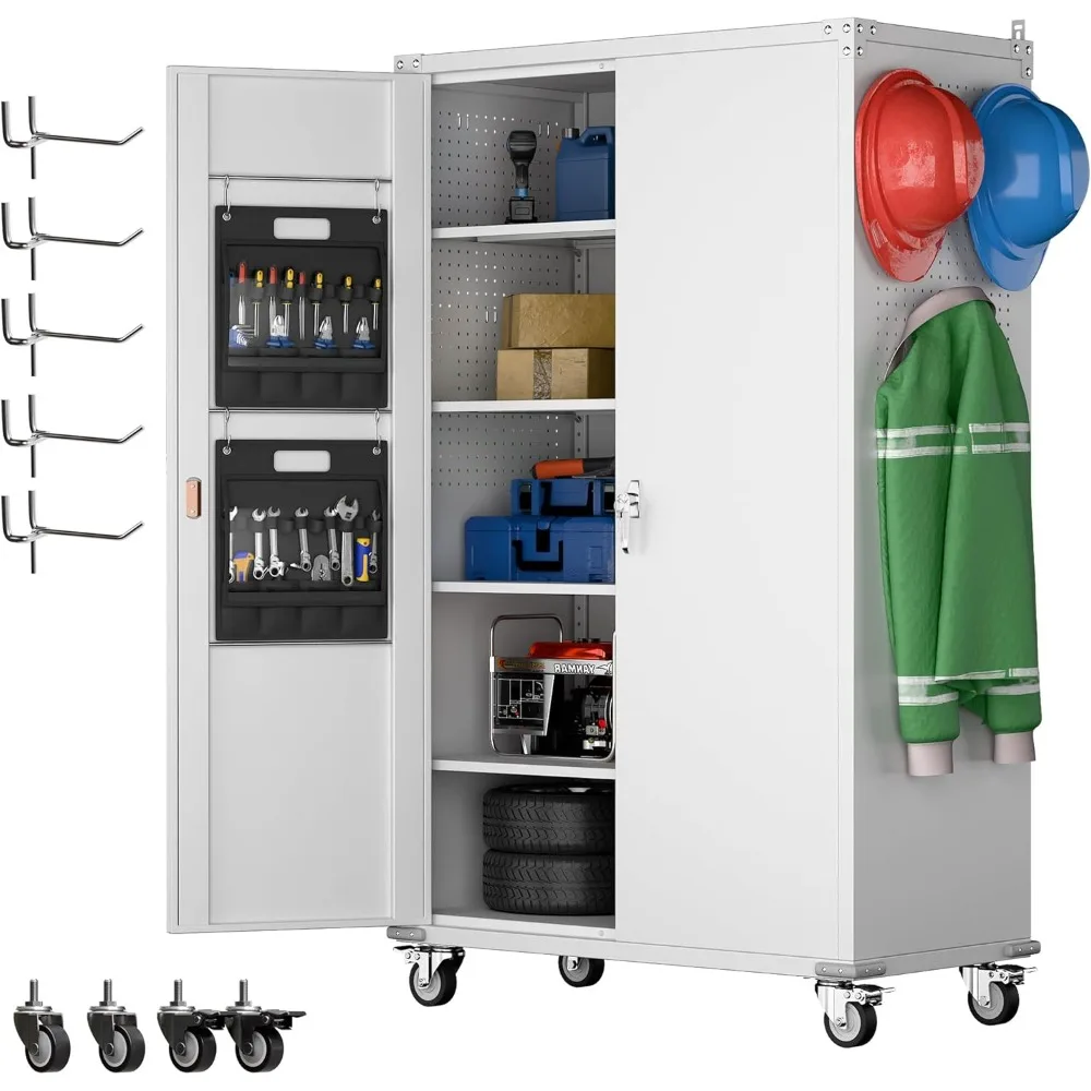 

Metal Cabinets with Wheels, 72.05” Lockable Rolling Storage Tool Cabinet with Shelves&Pegboard&Hooks for Home Utility Room Garag