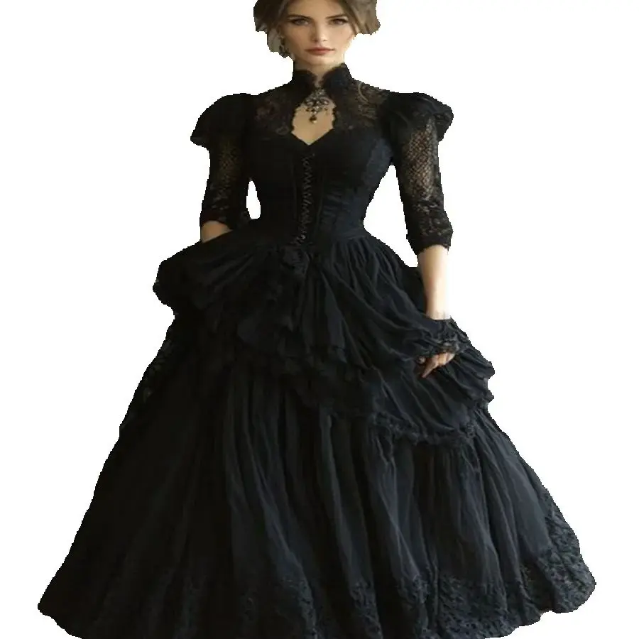 Victorian Edwardian Era Black Wedding Dress Gothic Halloween Civil Bride Dress Medieval 1950s A line Fantasy Bridal Customized