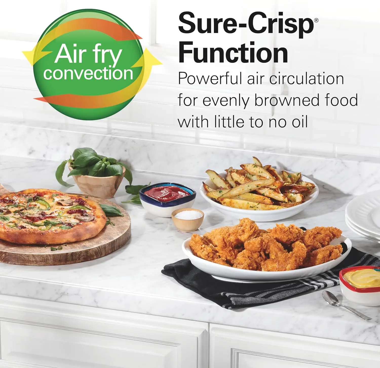 Sure-Crisp Toaster Oven Air Fryer Combo, Fits 9” Pizza, 4 Slice Capacity, Powerful Circulation, Auto Shutoff