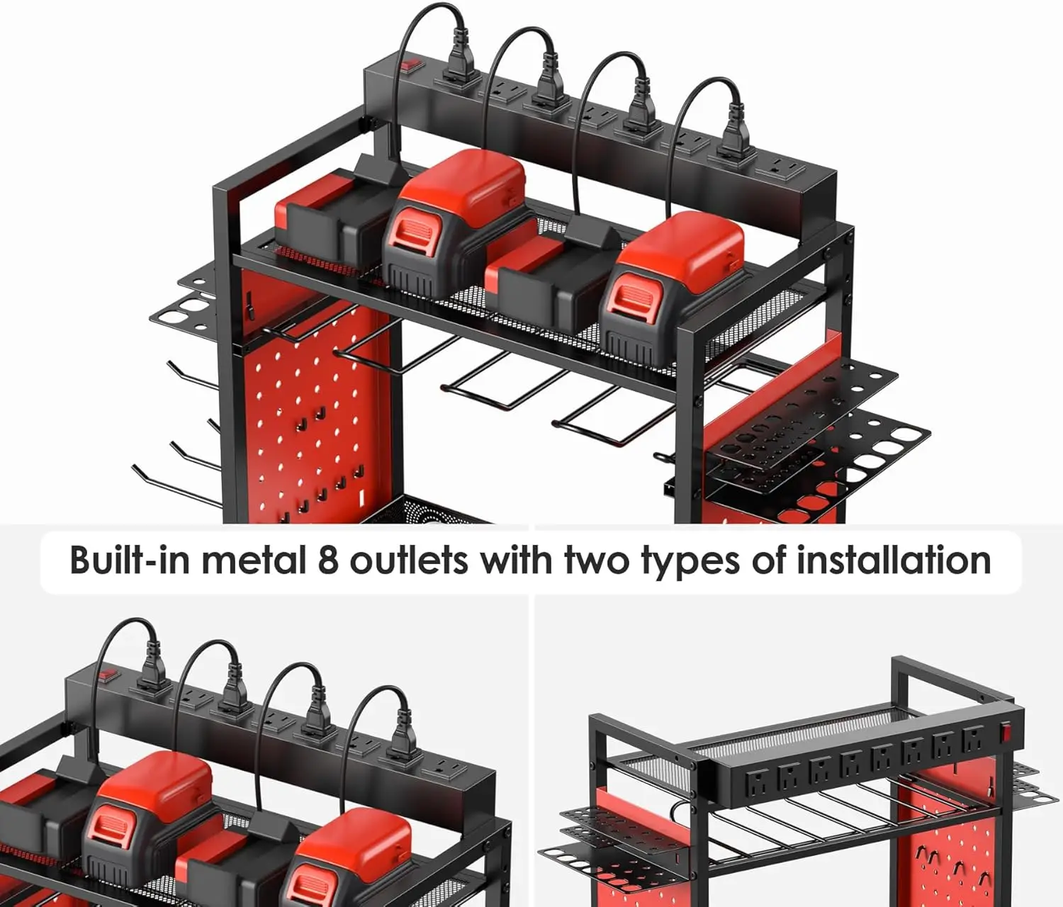 Tool Organizer Cart with Charging Station, Garage Floor Rolling Storage Cart on Wheels for Mechanic, Mobile 6 Drill, Tool Box Ut