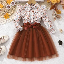 Girls' long sleeved lapel floral print mesh dress with woven waistband