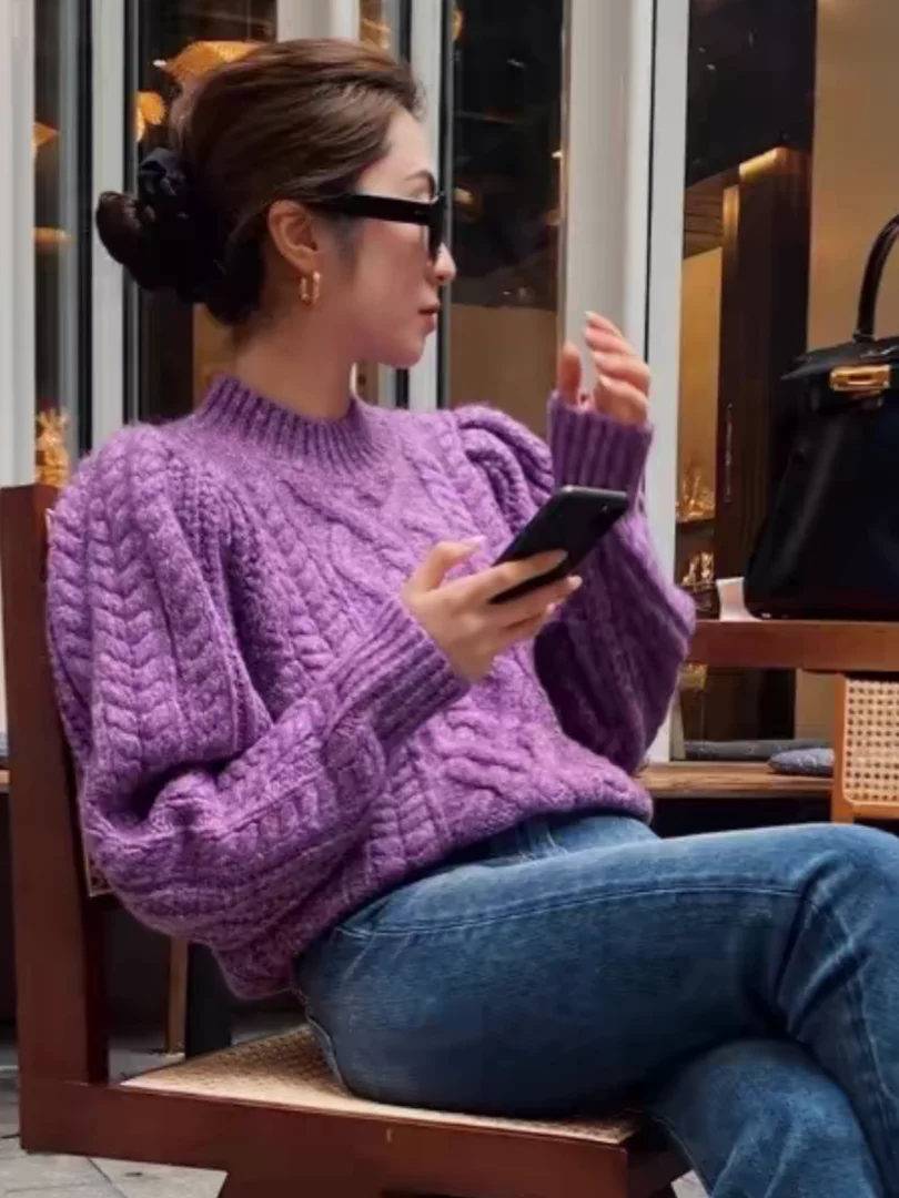 

Свободный женский вязаный свитер, осень-зима, новый Sle Lazy Faion, фиолетовый твист, мягкий уютный длинный топ све