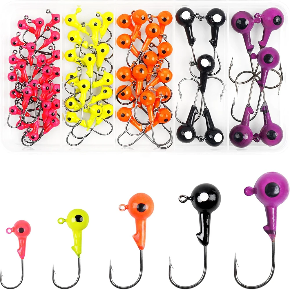 65Pcs Fishing Jig Head Hooks Kit Round Ball Head Fishing Jigs Hook Bass Lures Crappie Jig Heads for Trout Walleye Fishing Jigs