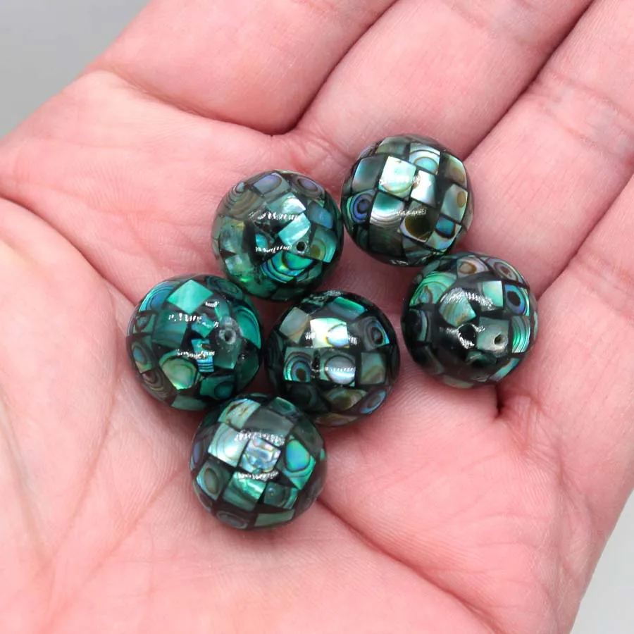 14mm Natural Abalone Shell Round Mosaic Stitching Ball Loose Bead Hole 1.2mm Women DIY Handmade Jewelry Necklace Bracelet Making