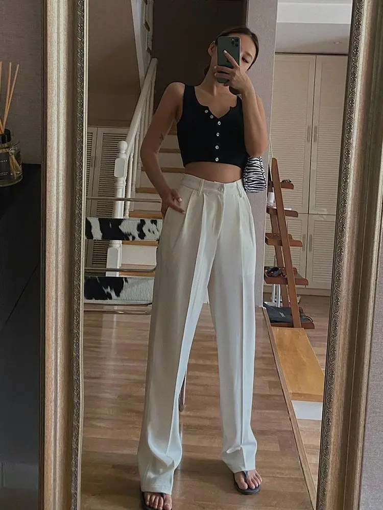 Office Lady High Quality Wide Leg Pants 2024 Spring New Fashion Casual Solid Trousers Women Elegant Workear Hot Sales