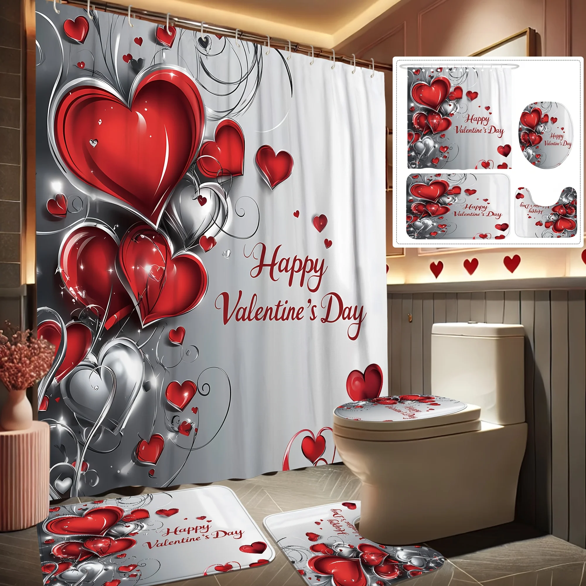 

Романтический набор занавесок для душа в форме сердца на День святого Валентина с нескользящим ковриком и чехлом для унитаза, красный, серебристый, моющийся для декора подарка в ванной комнате