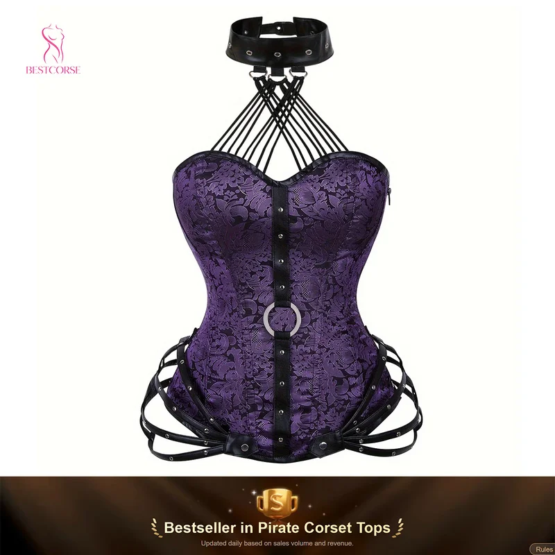 Top Corset Morado Estilo Gótico Steampunk con Varillas de Acero y Cremallera Lateral, Disfraz de Pirata Punk para Halloween y Festivales