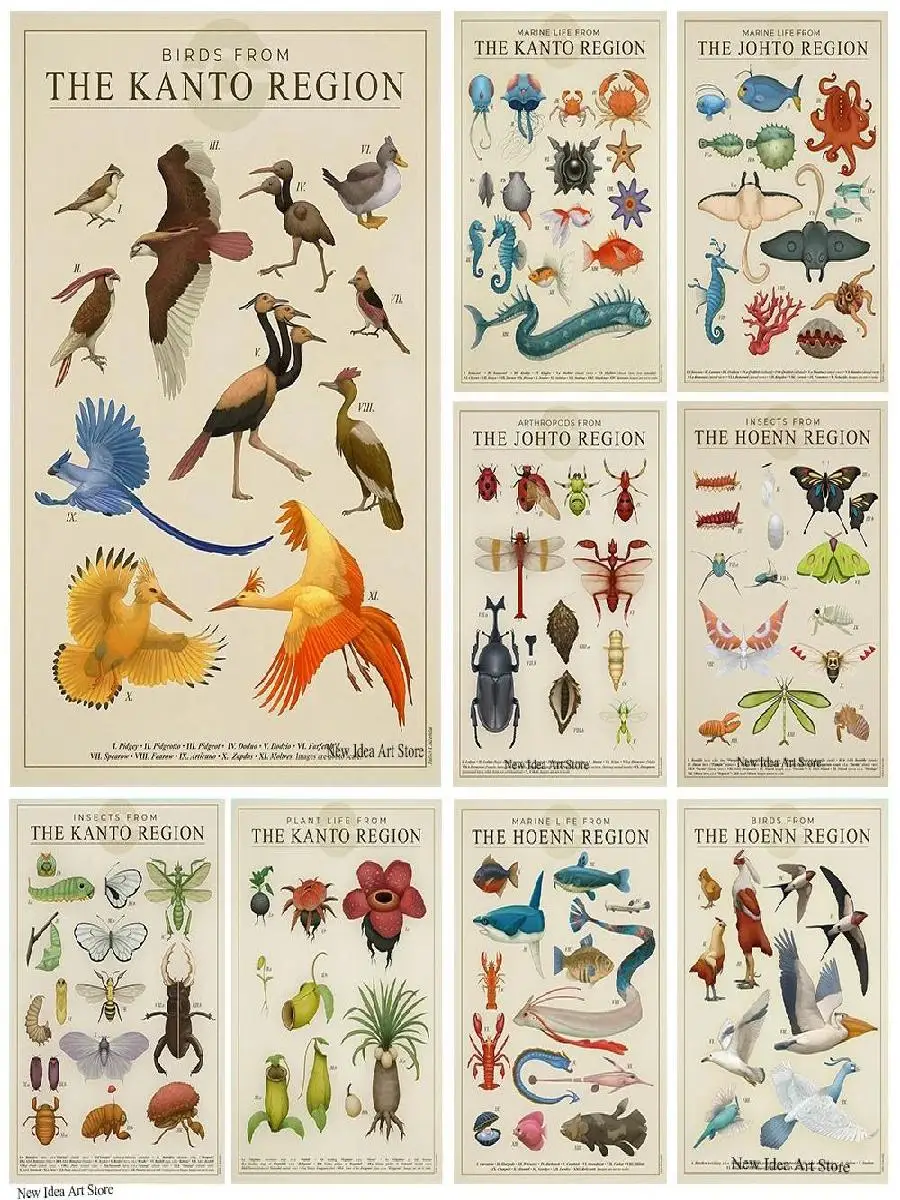 Marine Life Kanto Posters Print Insects Birds Nature Plants Canvas Wall Art Home Decor Living Room Cuadros