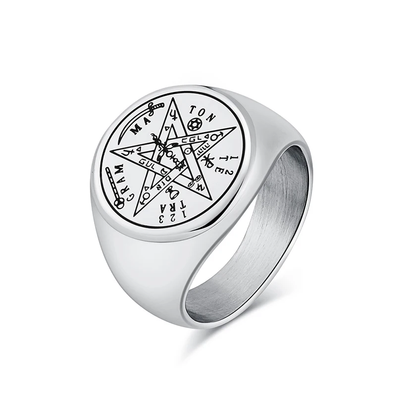 Punk Rock Titanium Steel Hebrew Pentagram Rings for Men Retro Jewelry Black Gold Silver Color Drop Shipping Size 7-13