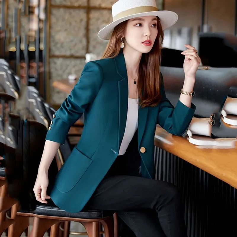 Peacock Blue Women Blazer 2023 Autumn Slim Short Blazers Coat Office Work Suit Pockets Jackets Female Korea Casual Blazer Femme