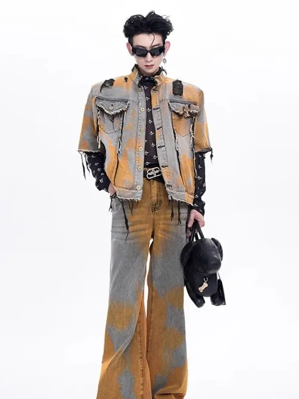 

Faionable adient Dyeing Hole Design ort Sve Denim Jaet And Pants Set для мужчин Летний сезон Молодежный комплект одежды