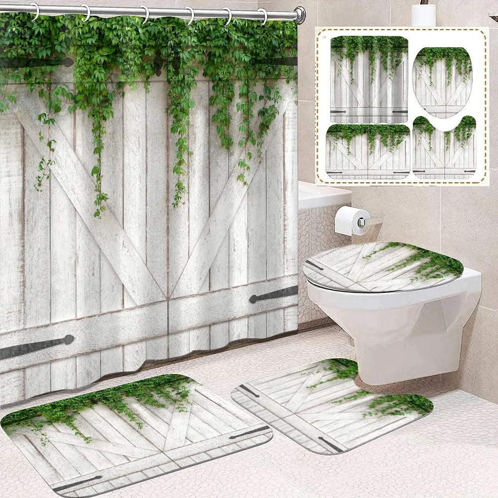 

1 set of green plant printed shower curtains, natural and fresh style, with plastic hooks and bathroom