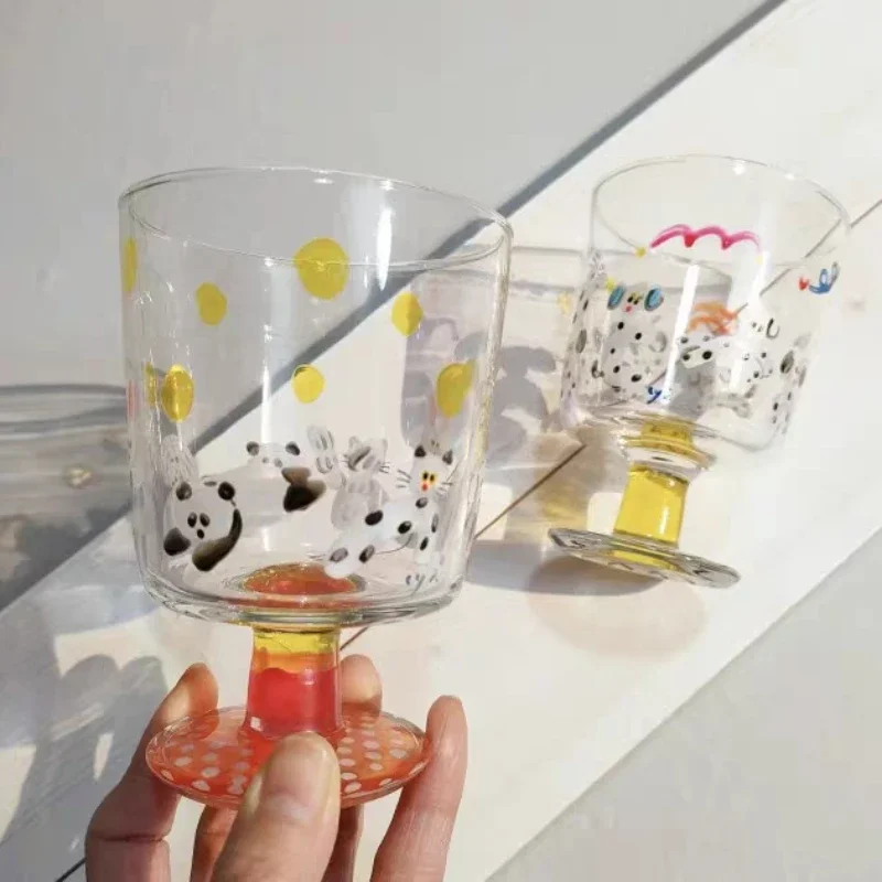 Mug Vintage Short Foot Glass Water Cup Suitablefor Storing Wine Juice Milk Coffee Cute Pet Cartoon Animal Printing Creative Home