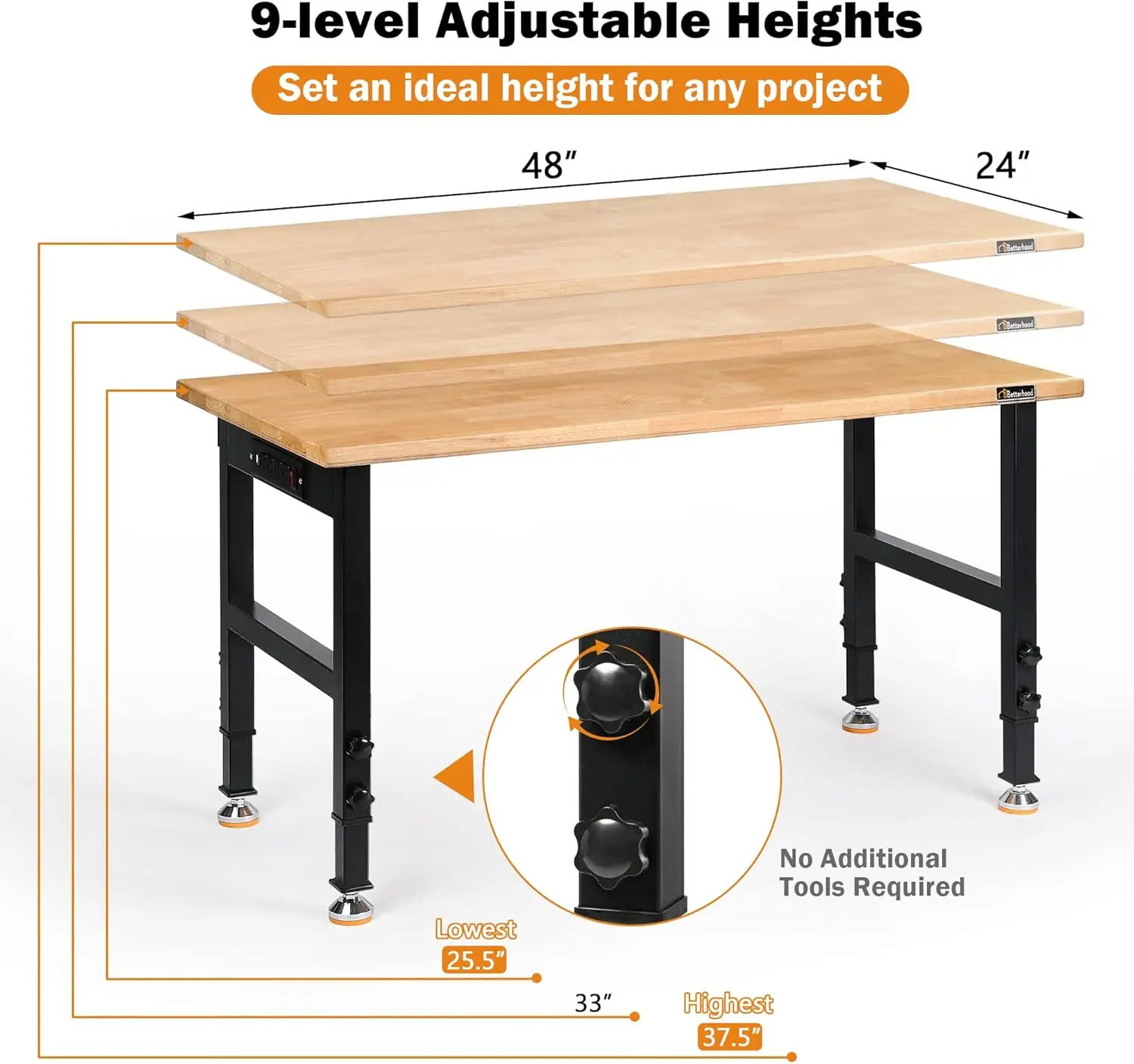 Verstelbare Hoogte Werkbank, 48 "Rubber Houten Top Zware Werkstation Met Stopcontacten, 2000 Lbs Laadvermogen Hardhout