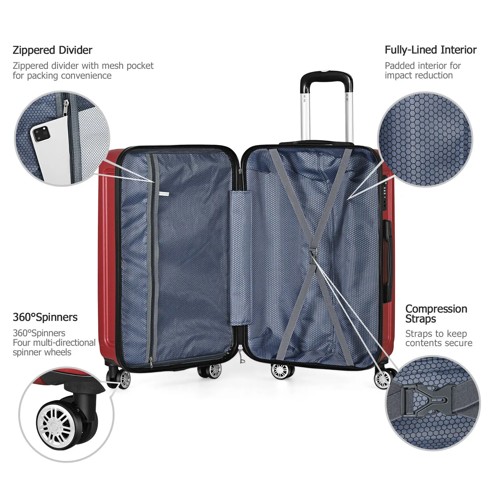 3 Stück rot Hard shell Reisegepäck Set abs Koffer mit Spinner Rad tsa 20/24/28 "Mode Familie Reisekoffer Set rot