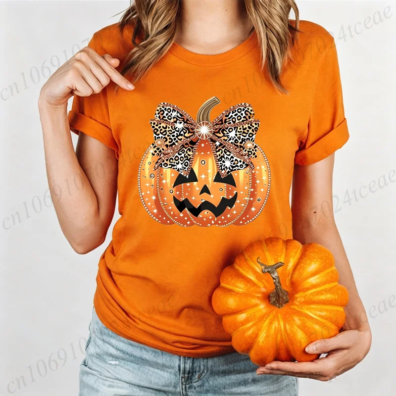 T-Shirt mit Leoparden-Motiv und gruseligem Kürbisgesicht für Halloween, für Damen, gruselige Kürbiskopf-Grafik, Tops, T-Shirts, Y2K-Ästhetische Streetwear – Detail 2