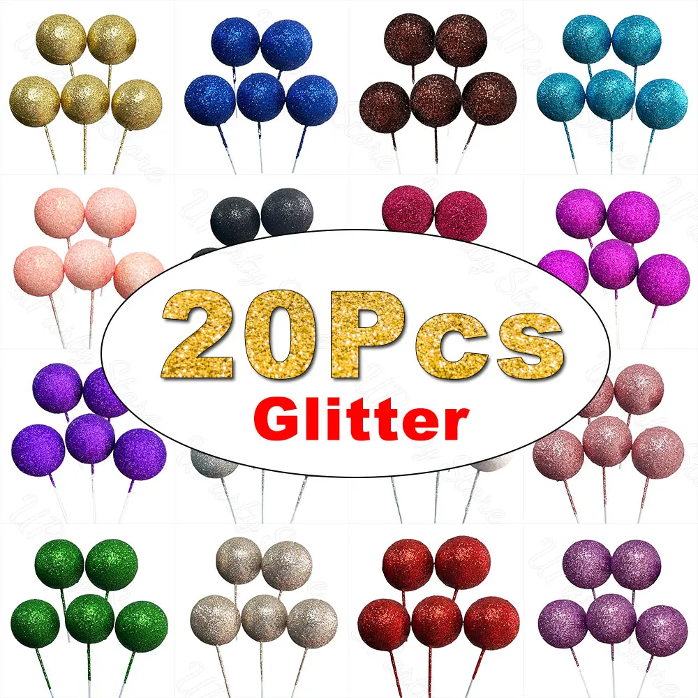 20Pcs Glitters Cake Balls Differet Size 2-4cm Shimmer Foam Balls Cake Toppers for Birthday Wedding Cupcake Cake Decoration Favor