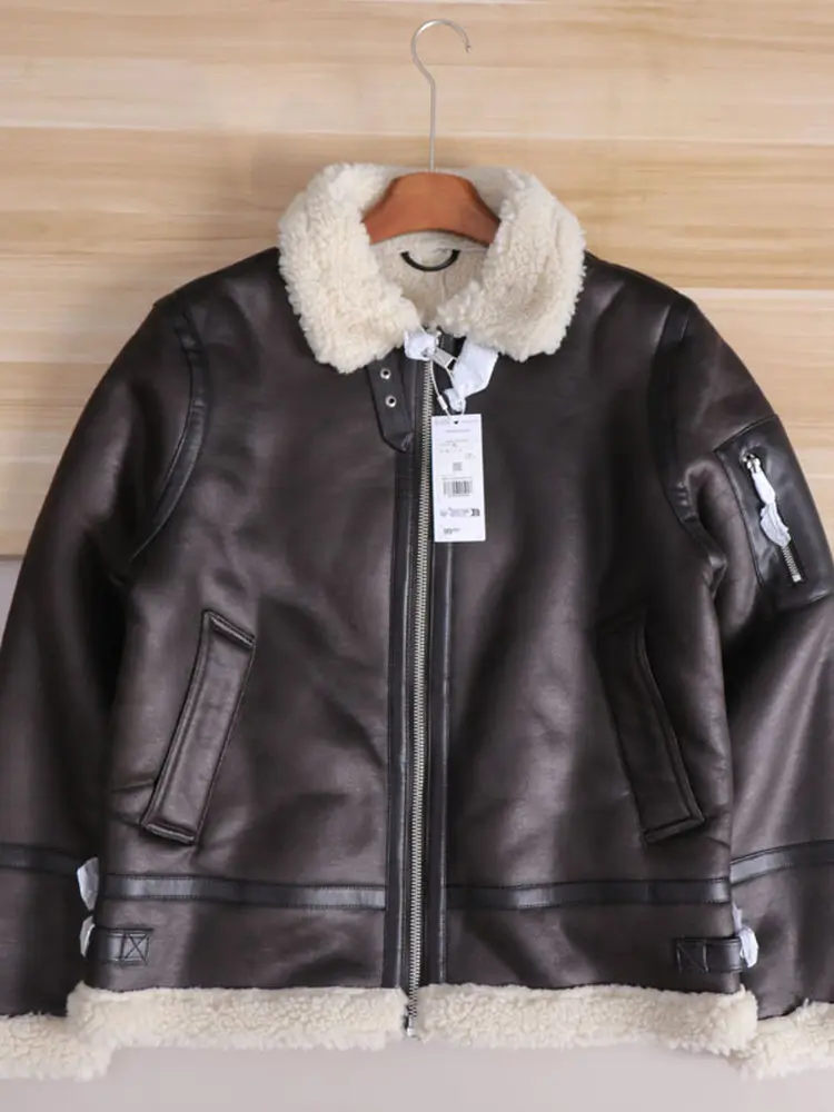 

Thiened Fce Men's Motorcycle Sle Jaet Windproof Warmth Simulation Leather Fur Inteated Long Sve Coat Jaet