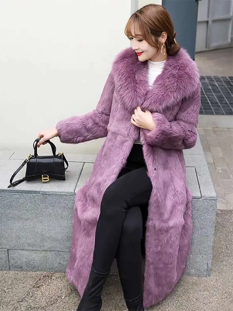 Winter Konijn Echte Bontjas Vrouwen Vossenbont Kraag Lange Jas Natuurlijke Harige Pluizige Pelt Plus Size Mode Luxe Vrouw Kleding
