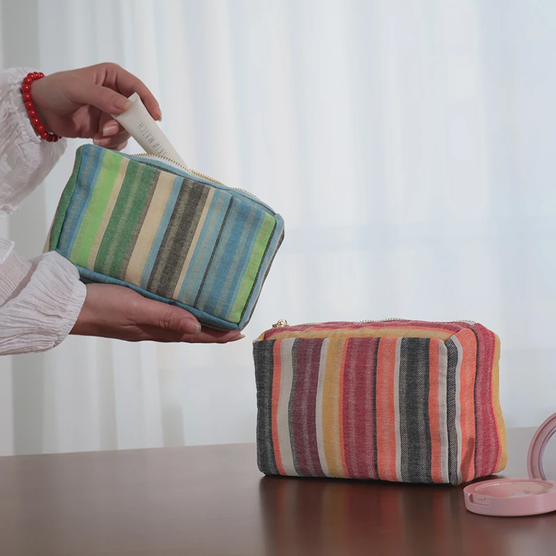 Canvas Striped Makeup Bag Women Casual Cosmetic Pouch Travel Organizer Large Storage For Vacation Daily Use Lightweight Durable