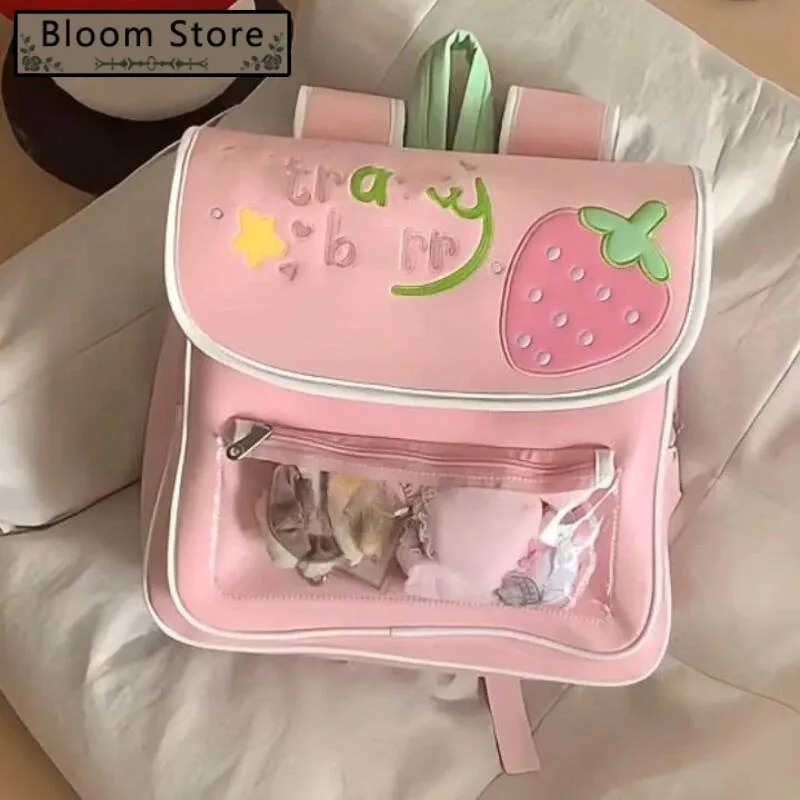 Japanese Women Kawaii Strawberry Ita Bags Sweet Cute Girls Preppy Schoolbags Transparent Chic Casual Ins Backpacks Y2k Aesthetic