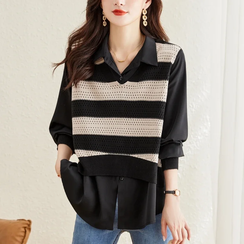 Miiiix Two Piece Set of Women's 2024 New Age Reducing Knitwear Autumn Fashion Loose Fitting Patchwork Shirt Female Clothing