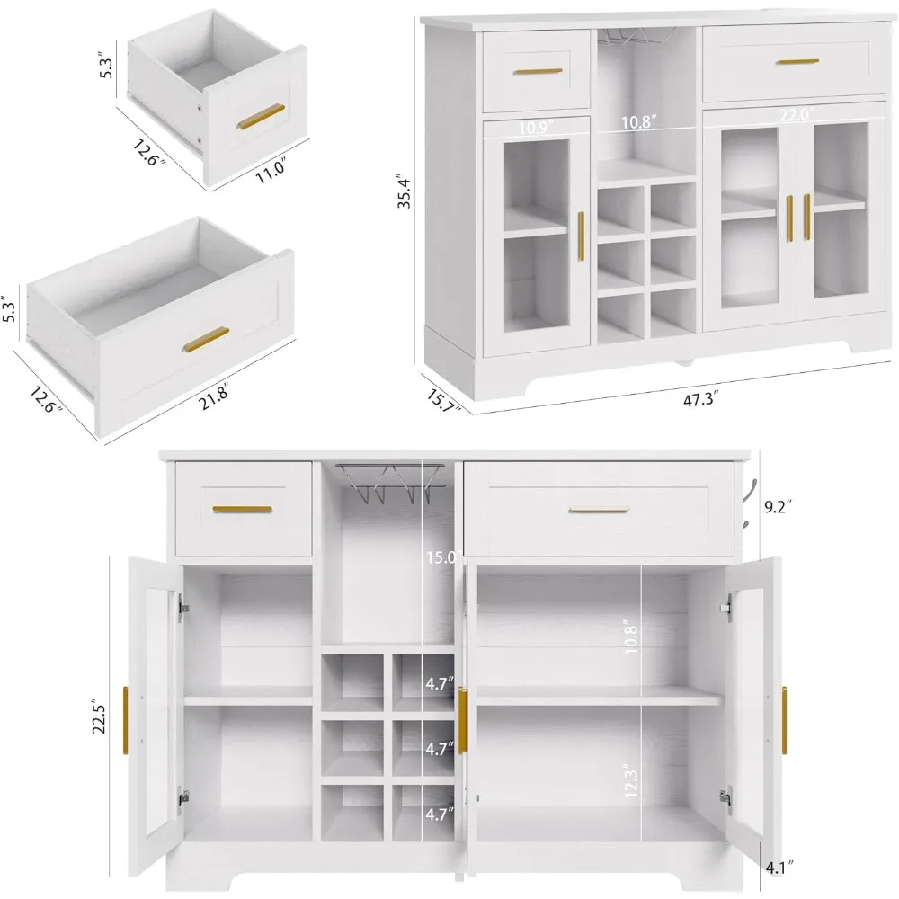Modern Sideboard Buffet Cabinet with Storage, Wine Bar, Power Outlet, Glass Doors for Kitchen