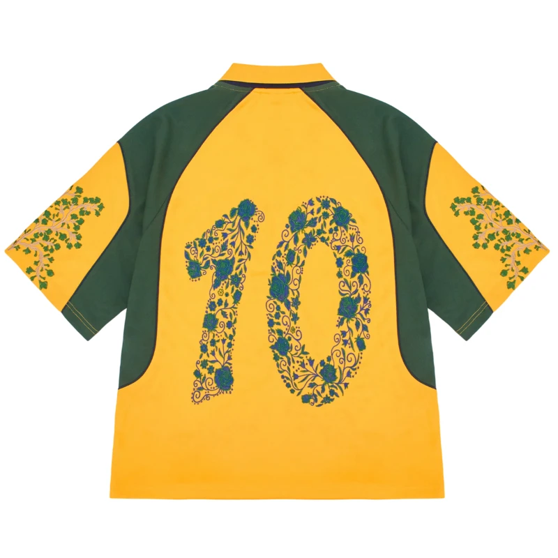 Retro Brazil Parrot Floral Embroidery Soccer Jersey Men Yellow Green Color Block Streetwear Short Sleeve T Shirt Unisex Neptunz