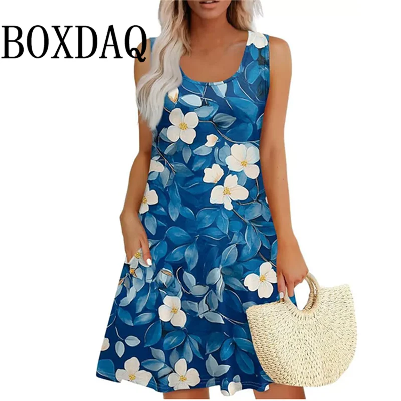 

Summer Women's Beach Dress Bohemian Style Sleeveless Floral 3D Printed Casual Pockets Dress Loose Sundress Plus Size Dresses 9XL