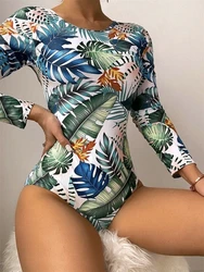 Long Sleeve Surf Swimsuit Leaves Printed Swimwear Women Crisscross Back One Piece Rash Guard Diving Clothes Bathing Suit Summer