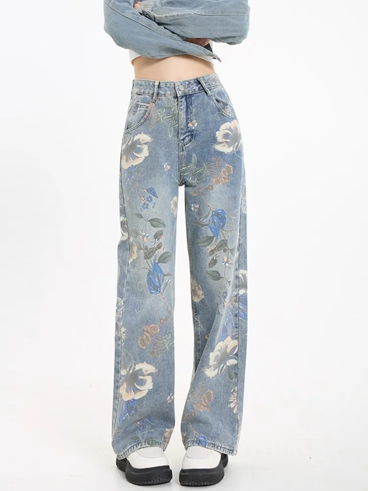 Retro Floral Wide Leg Jeans Women Y2k Summer New niche Design Straight Leg Narrow Edition Floor Mop Pants 2024