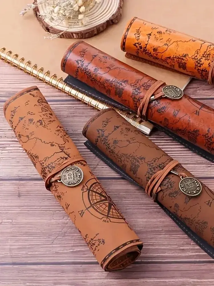 Vintage Treasure Map Pencil Case, Leather Roll-Up Pouch w/ Embossed Buckle, Large Capacity School Office Organizer (Gift)