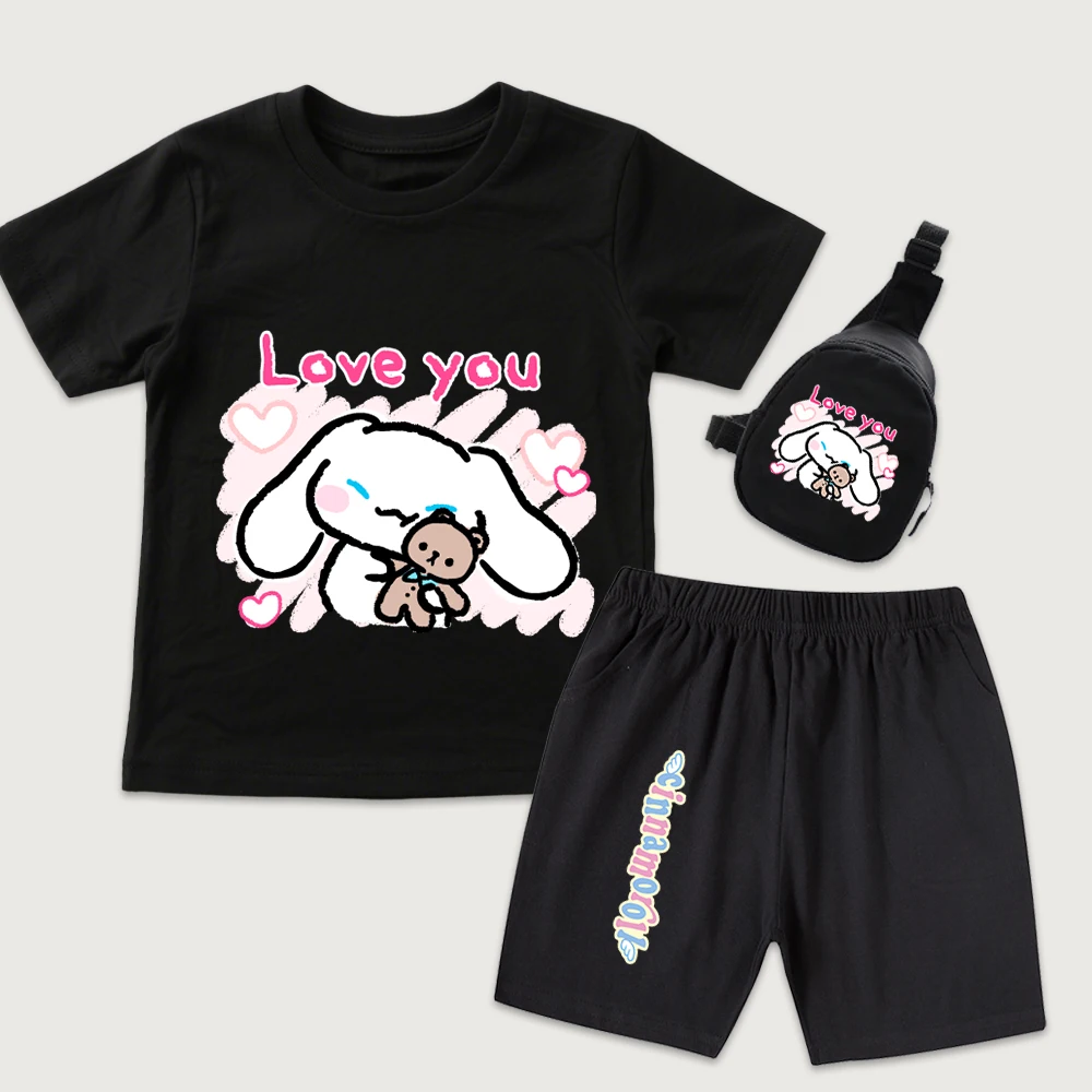 

Детская хлопковая футболка с принтом Cinnamoroll Love You, шорты, мини-сумка на грудь, комплект из 3 предметов для мальчиков и девочек, летняя повседневная одежда