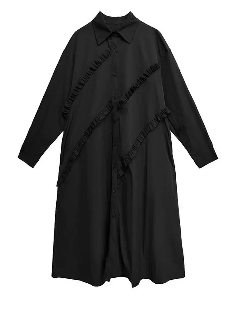 المرأة شبكة سوداء مطوي تقسم حجم كبير ميدي قميص فستان جديد التلبيب كم طويل موضة المد ربيع الخريف