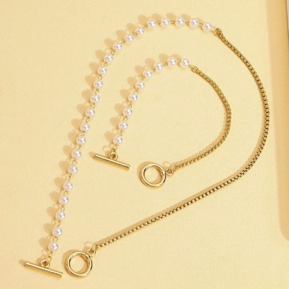 Splicing Imitation Pearl Jewelry Set Gold Color Bracelet Collar Choker Vintage Link Chain Necklace for Men Women Jewelry