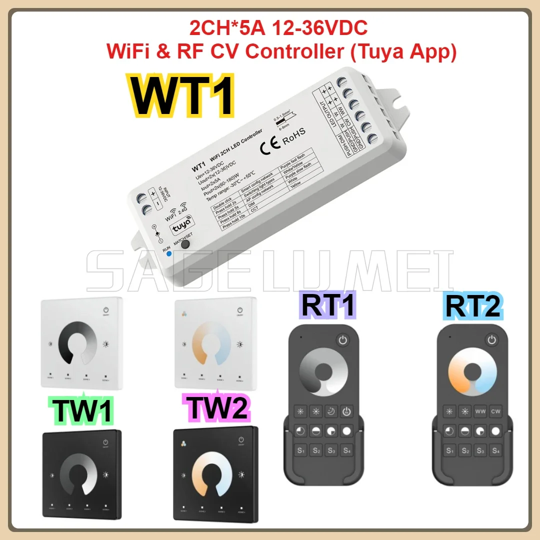 

RT1/2 TW1/2 Tuya WiFi Светодиодный диммер WT1 Светодиодный контроллер DC12V 24V 36V 2CH Smart 2.4G RF Беспроводной дистанционный затемняющий переключатель WW CW CCT