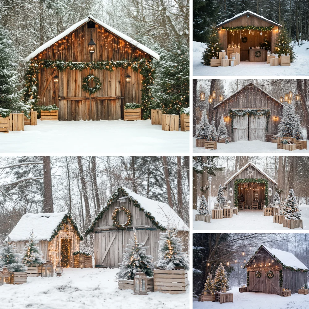 

Winter Christmas Wooden Door Snowy Forest Photography Background Xmas Kids Family Portrait Decor Backdrop Photo Studio Props