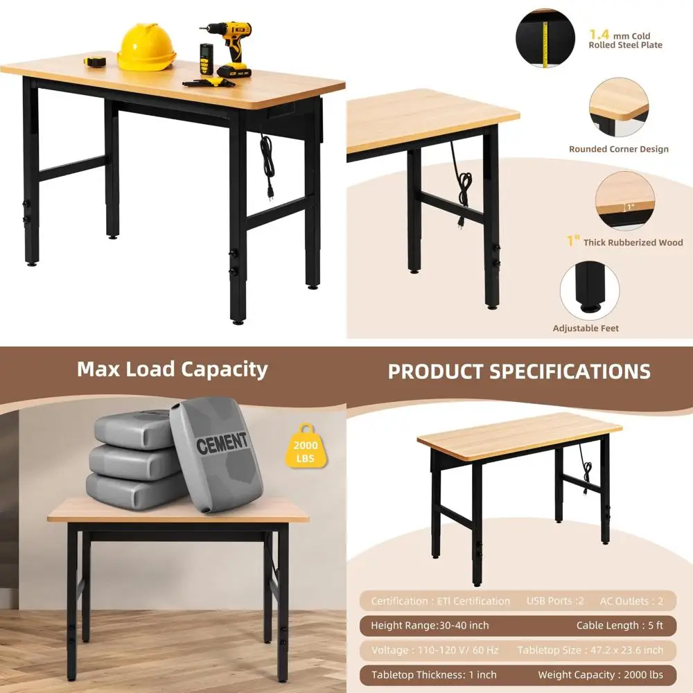 منضدة عمل قابلة للتعديل شديدة التحمل مع منافذ طاقة - طاولة من الخشب الصلب بسعة 2000 رطل لورشة المرآب