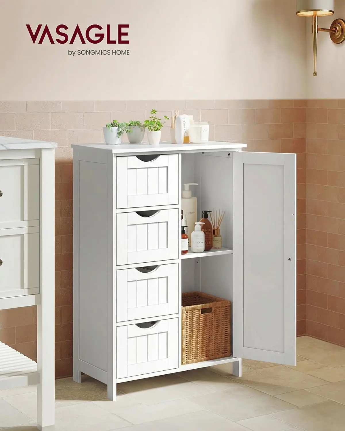 Freestanding Storage Cabinet with 4 Drawers and Door, Adjustable Shelf for Bathroom Living Room Kitchen, 11.8x21.7x32.3 Inches