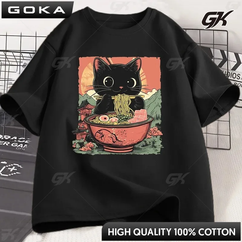

Cute Black Cat Eating Ramen T-Shirt Women Adorable Graphic Tee Shirt Foodie and Cat Lover Tshirt Animal Printed Tees Top anime